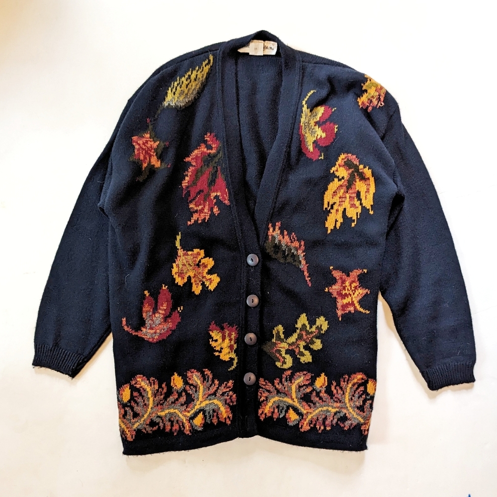Vintage Norton McNaughton Fall Leaf Cardigan Sweater Blue Orange Yellow.